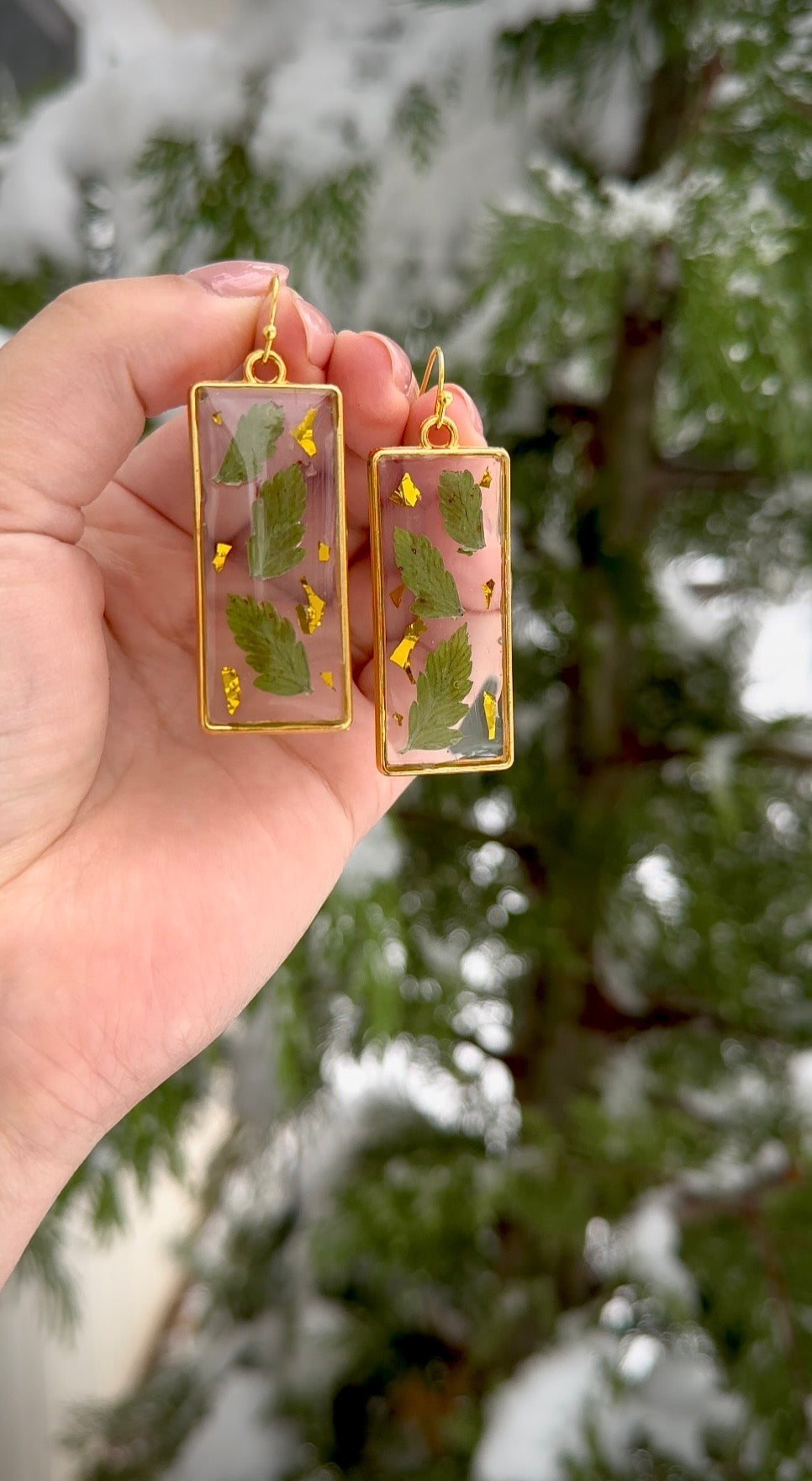 Gold Fern Resin Earrings, UV Resin Botanical Jewelry, Glass Look Dangle Earrings, Hypoallergenic Hooks