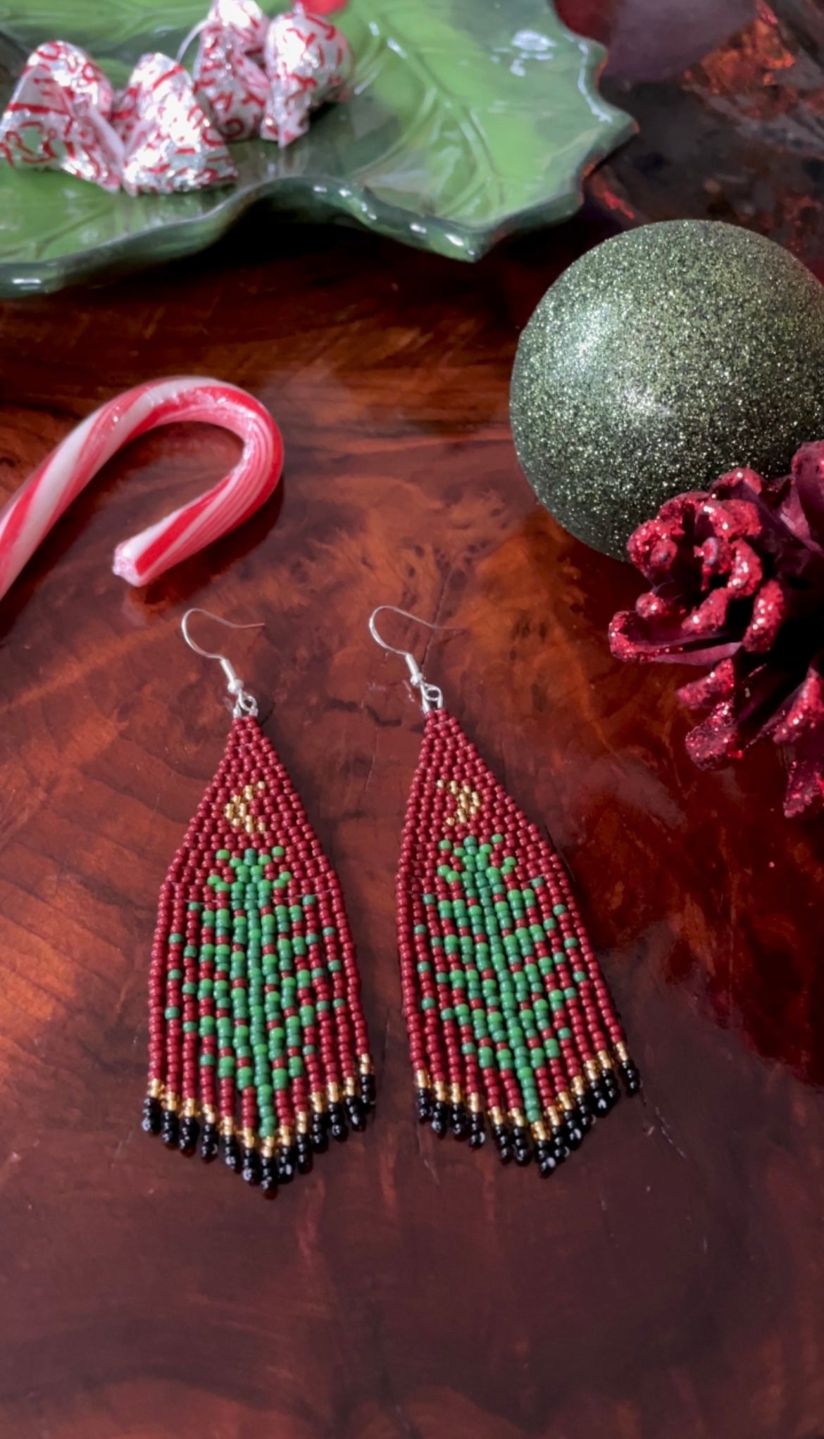 Christmas Tree Moon Beaded Earrings