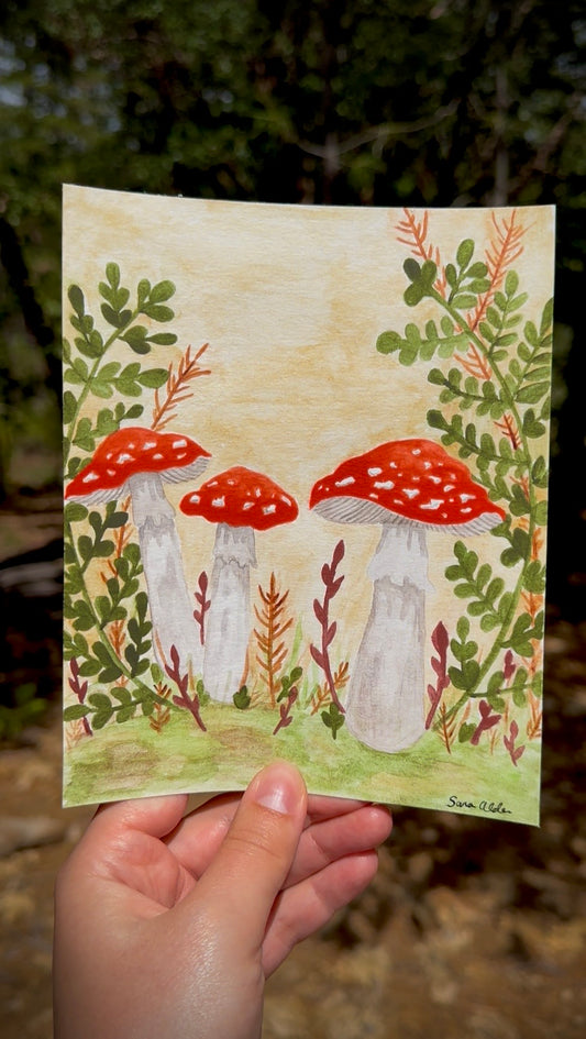 Original Watercolor Painting – Red Spotted Mushrooms in Fern Forest (5.5 x 8.5 in)