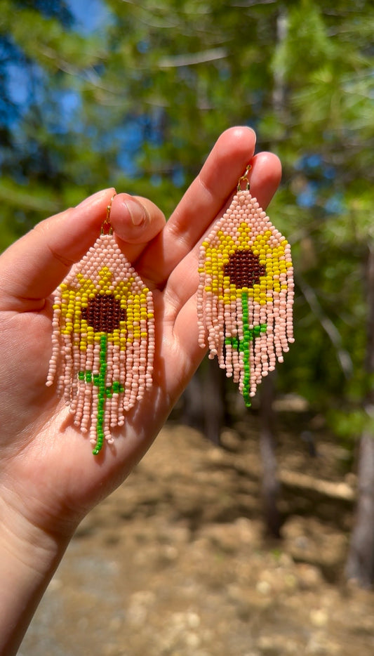 Blush Sunflower Beaded Fringe Earrings