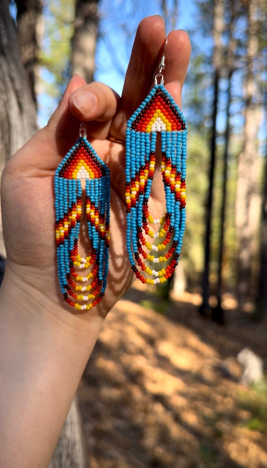 Bold Abstract Beaded Statement Earrings, Oversized Fringe, Colorful Brick Stitch Design