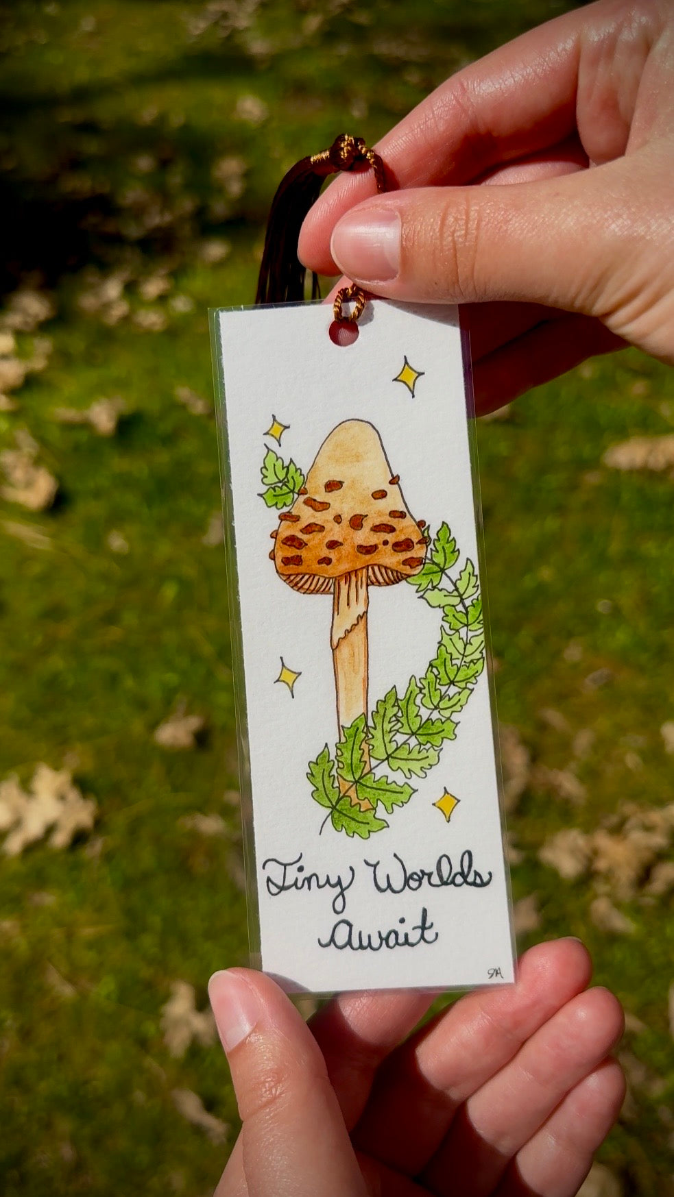 Brown Mushroom Watercolor Bookmark – “Tiny Worlds Await” Handmade Bookmark with Brown Tassel