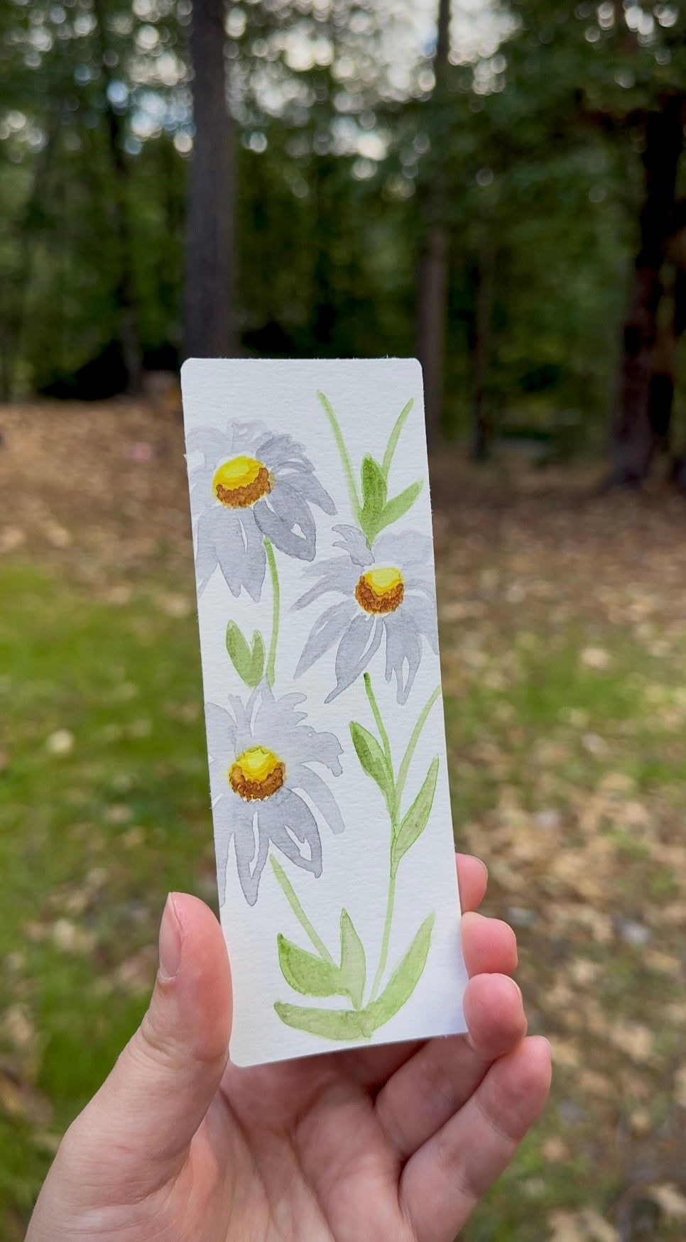 Hand Painted Watercolor Daisy Bookmark – Whispy Green Botanical Design
