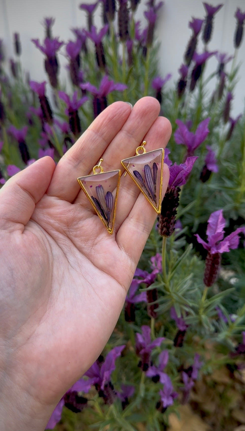 Pressed Flower Resin Triangle Earrings, Purple Petal Jewelry, Gold Frame Dangle Earrings, Hypoallergenic Botanical Earrings