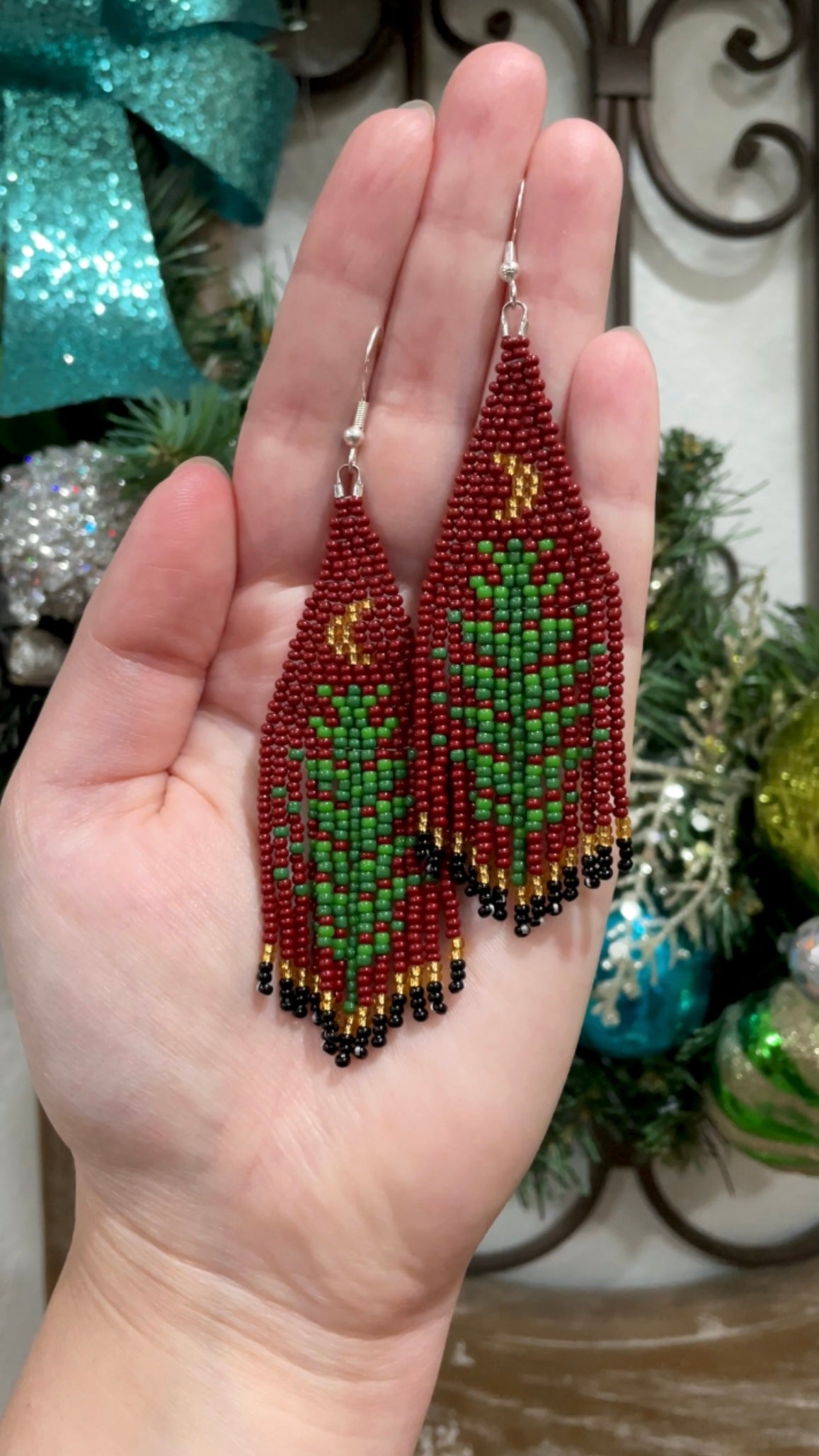 Christmas Tree Moon Beaded Earrings