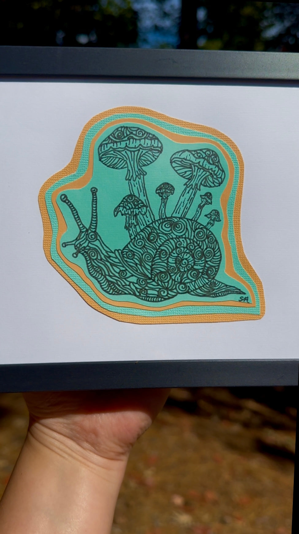 “Snails Mushroom Stroll” Whimsical Snail and Mushroom Art, pen and colored paper 4x6