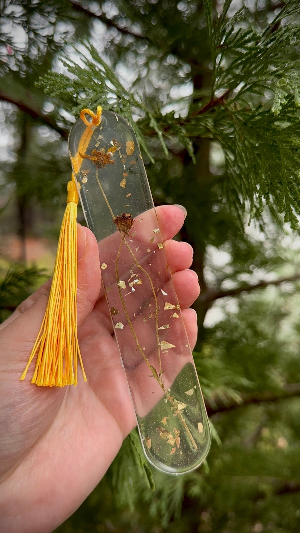 Pressed Yellow Flower Resin Bookmark with Yellow Tassel, Gold Leaf