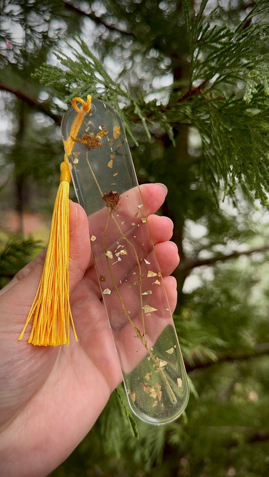 Pressed Yellow Flower Resin Bookmark with Yellow Tassel, Gold Leaf