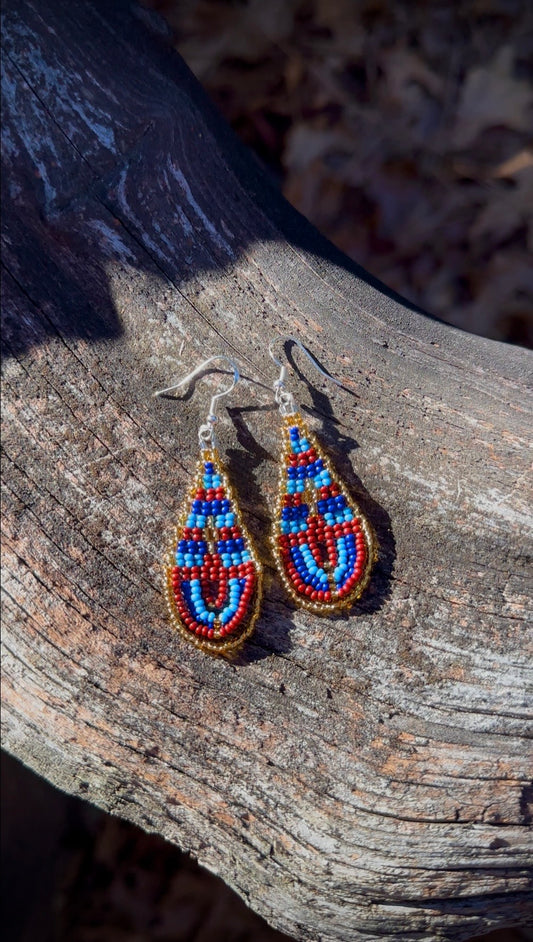 Abstract Brick Stitch Beaded Earrings, Gold Burgundy Blue Statement