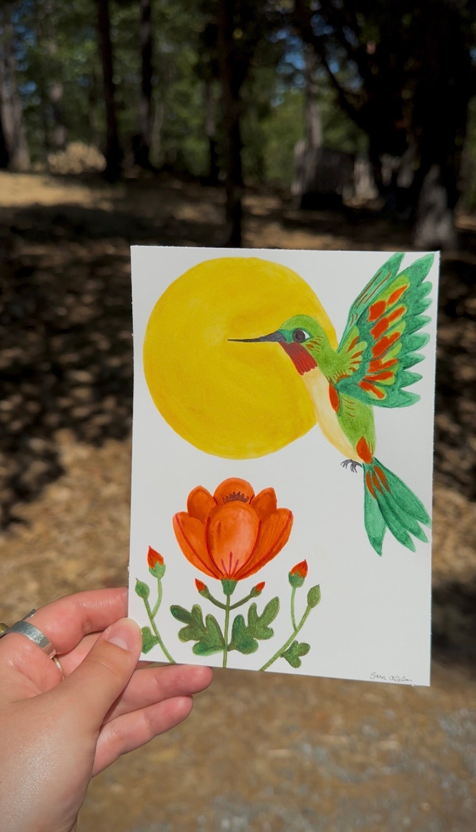 Original Folk Art Hummingbird Watercolor Painting | 5x7 Original Artwork