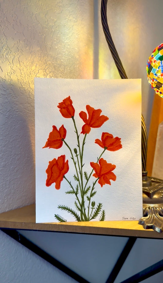 Original Watercolor Painting – Vibrant Red Poppies (5.5 x 8.5 in)