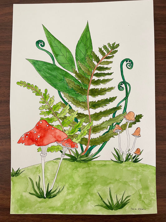 Fern and Mushroom Watercolor Painting