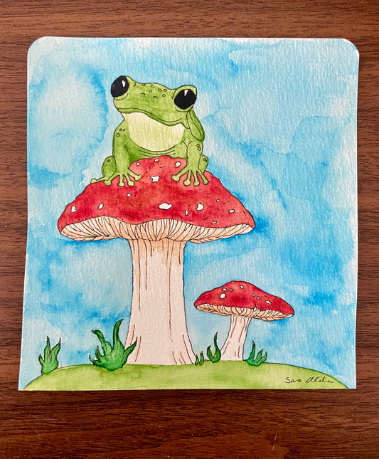 Frog on Mushroom Watercolor Painting