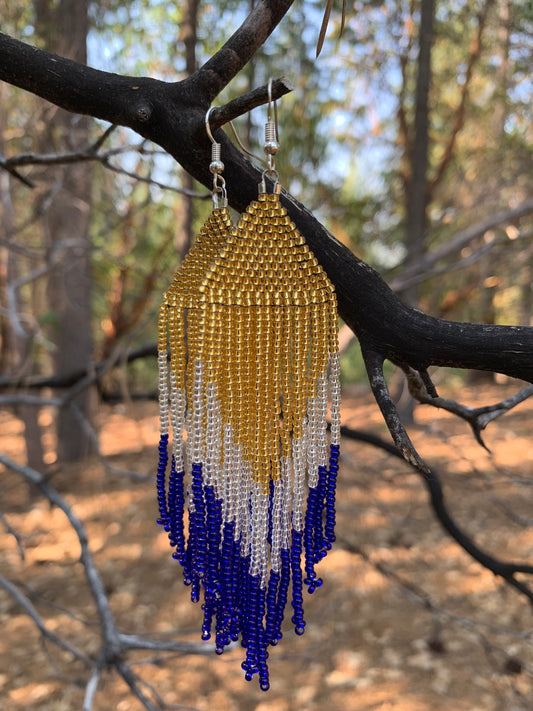 Gold and Blue Beaded Earrings