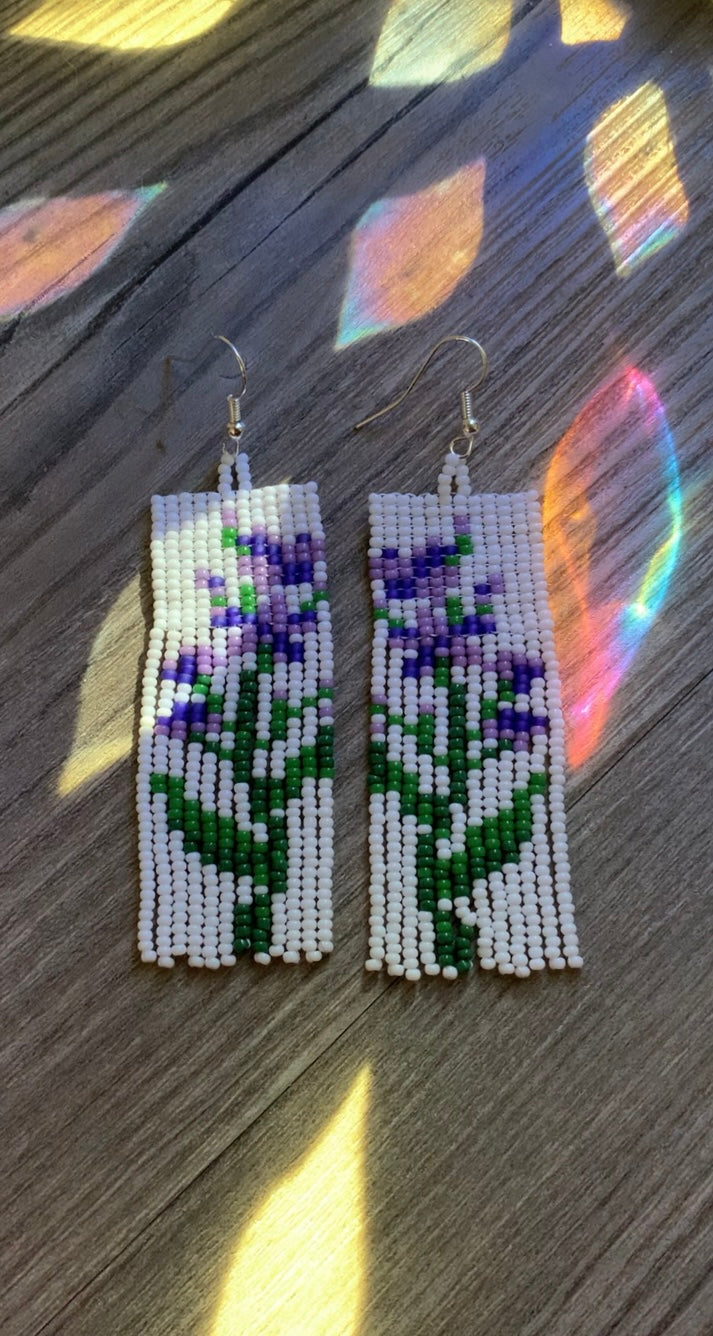 Purple Flower Beaded Earrings