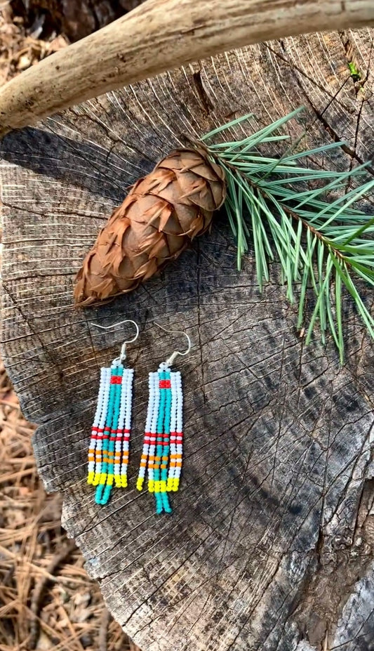 White and Teal Beaded Earrings