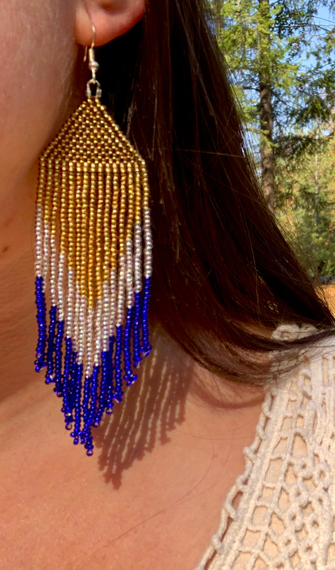 Gold and Blue Beaded Earrings