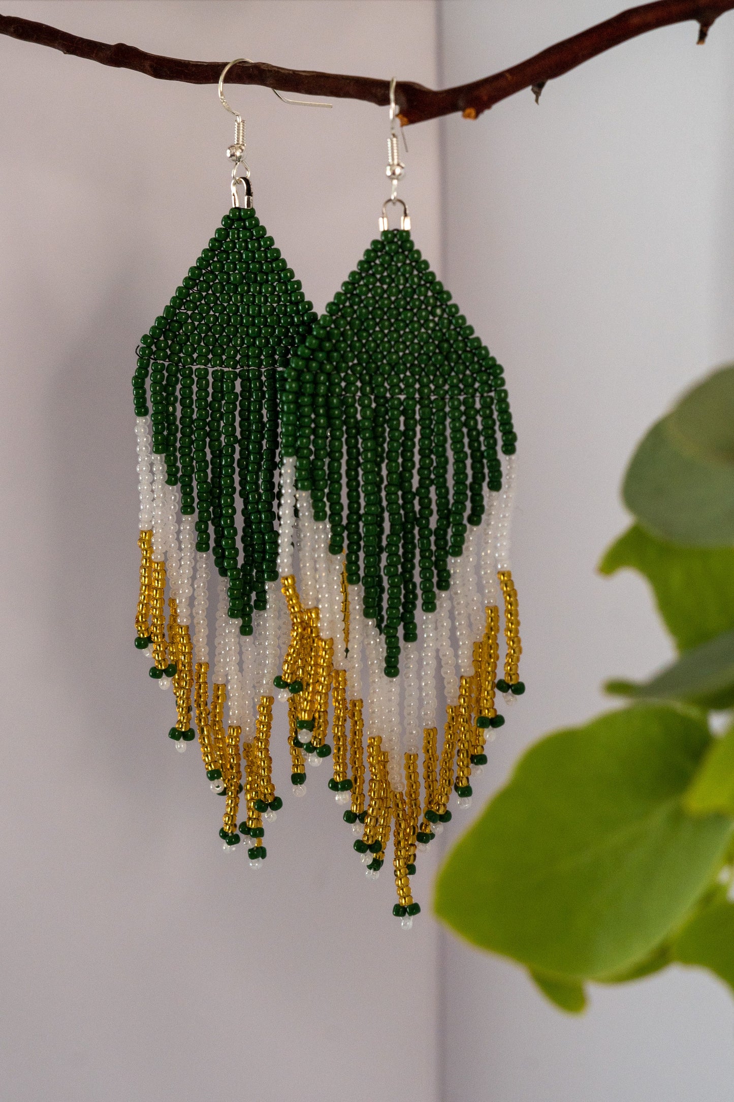 Green and Gold Beaded Earrings