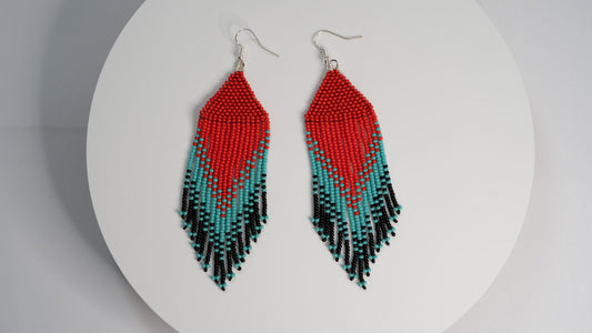 Red, Teal and Black Beaded Earrings