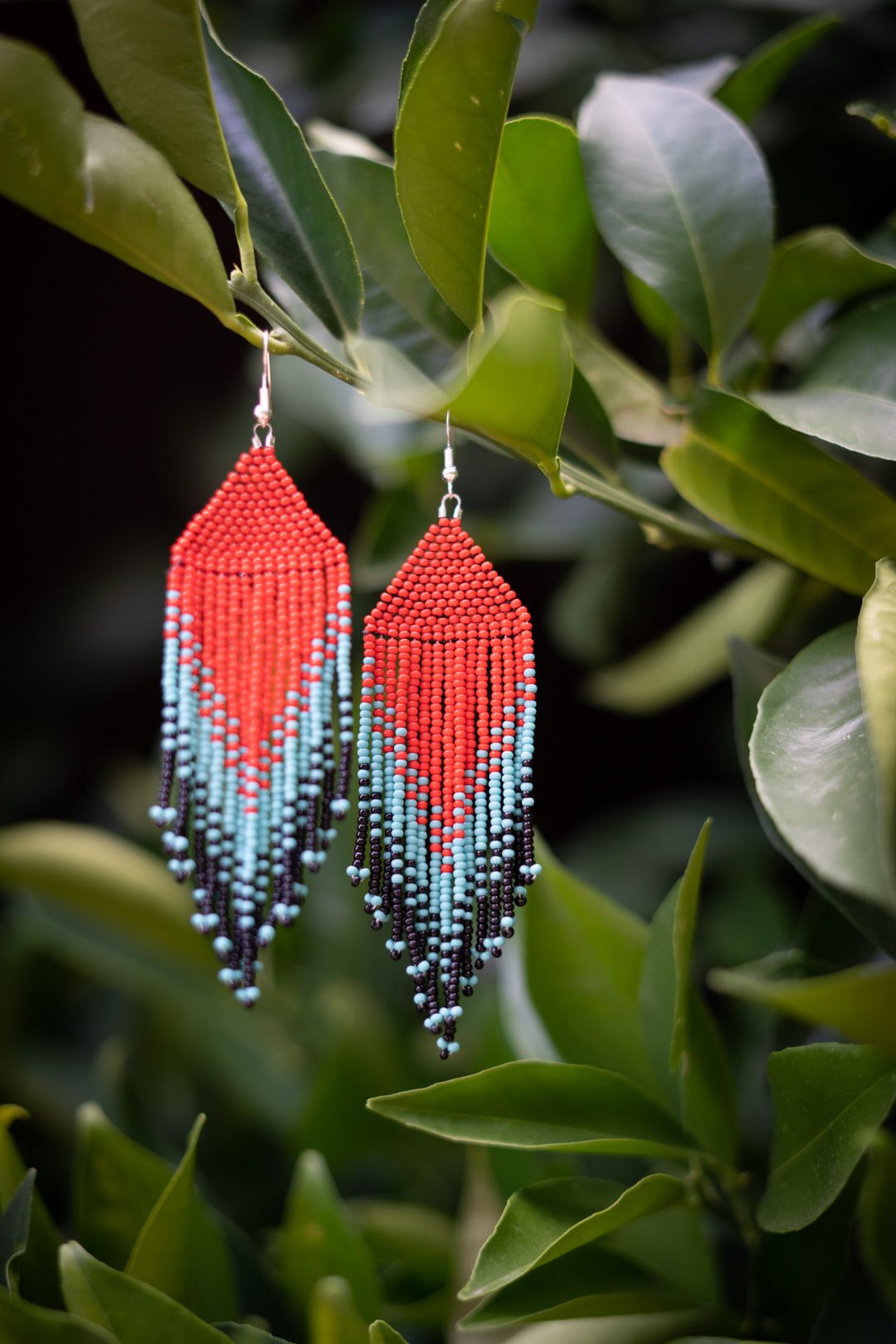 Red, Teal and Black Beaded Earrings