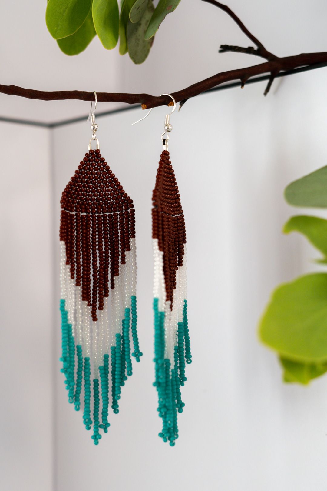 Rust, Teal and White Beaded Earrings