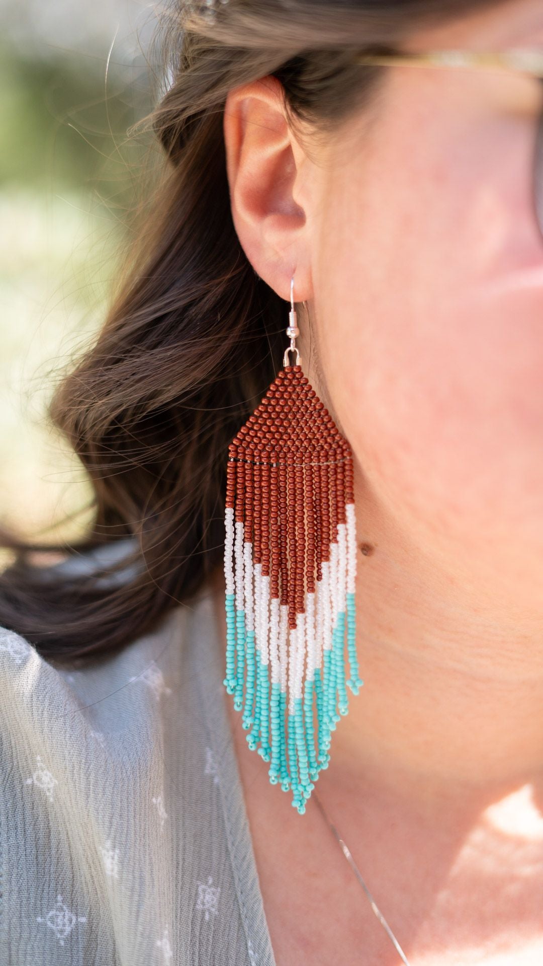 Rust, Teal and White Beaded Earrings